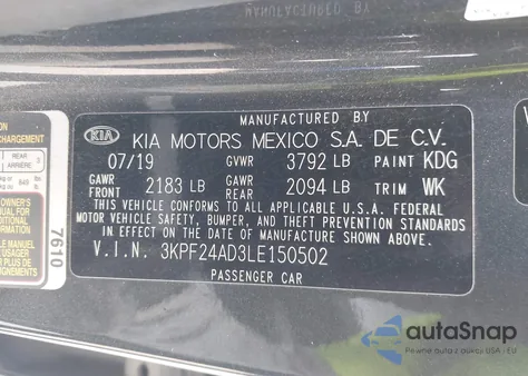 2020 Kia Forte Lxs z USA, uszkodzony, nr VIN 3KPF24AD3LE150502